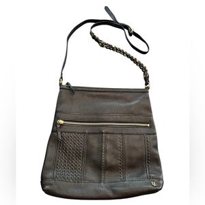 Elliott Lucca Black Leather Crossbody Shoulder Bag Gold Accents 11x11 EUC